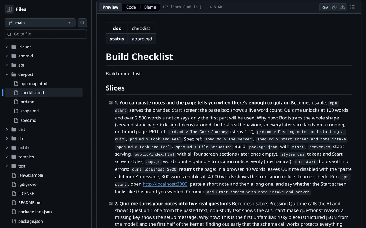 checklist.md on GitHub, slices ticked