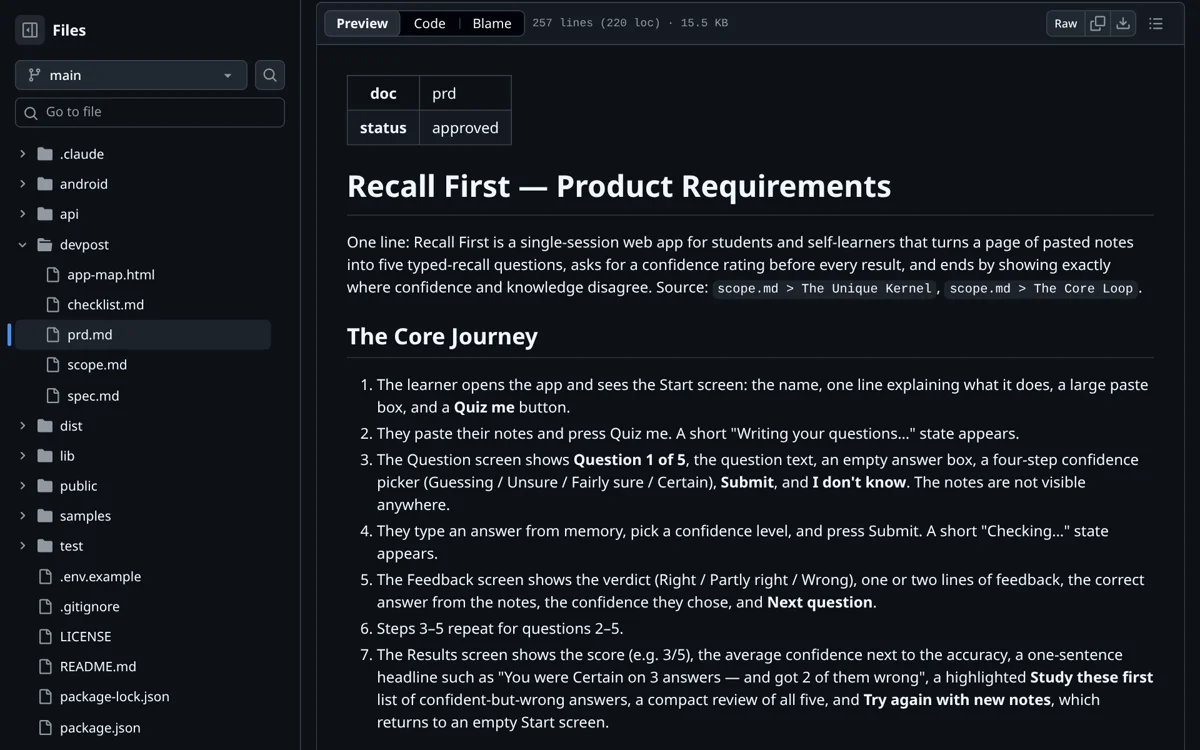 prd.md on GitHub, status approved