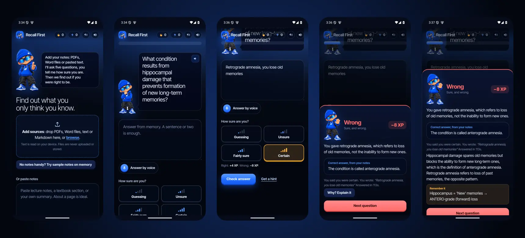 Recall First on Android: start, question, confidence, sure-but-wrong feedback, explanation